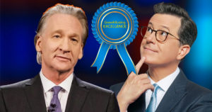 Bill Maher and Steven Colbert with GrowthBusting Excellence Award