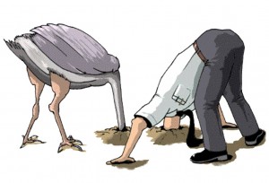 Man and ostrich with head in sand