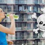 bottled water, apartment bldg and skull and cross bones