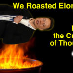 Elon Musk above a fire pit, "We Roasted Elon Musk"