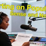 Reporting on Population: Sense and Nonsense; radio news anchor in studio reading "population decline" script